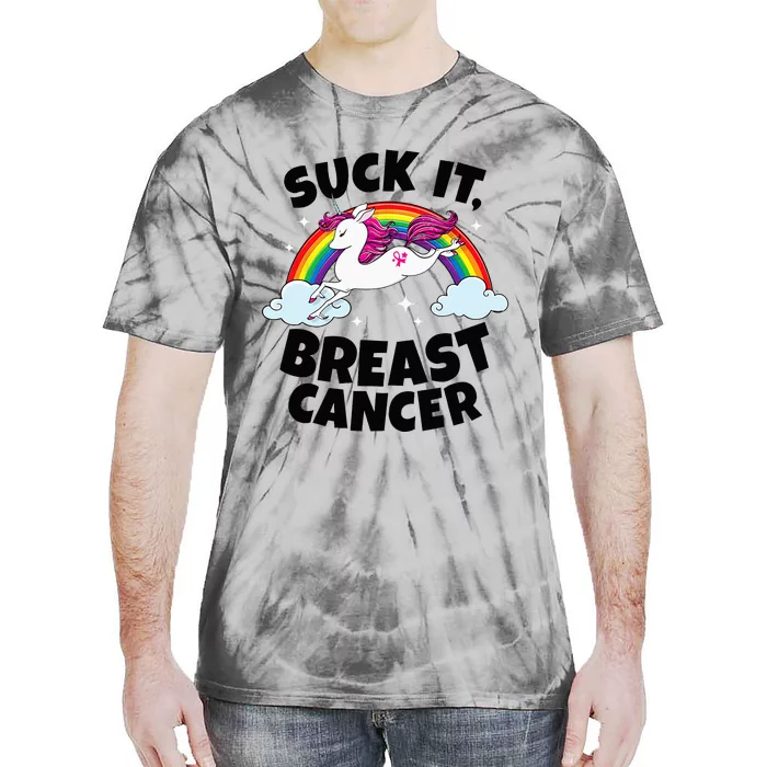 Suck It Breast Cancer Quote With Unicorn And Pink Ribbon Tie-Dye T-Shirt