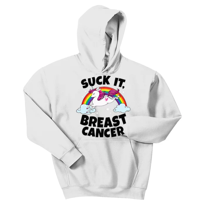 Suck It Breast Cancer Quote With Unicorn And Pink Ribbon Kids Hoodie