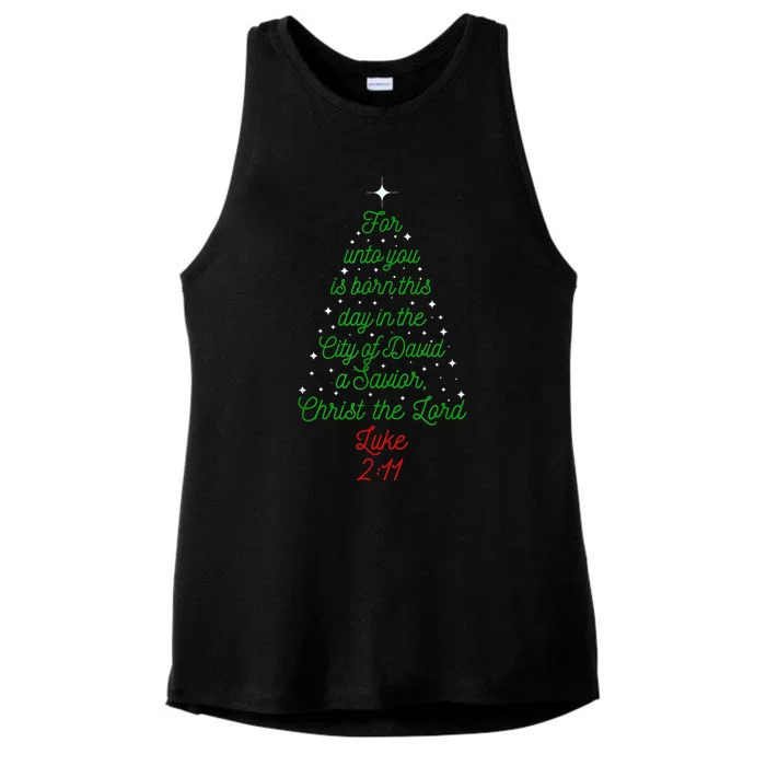 Savior Is Born Bible Verse Christmas Tree Holiday Religious Ladies Tri-Blend Wicking Tank