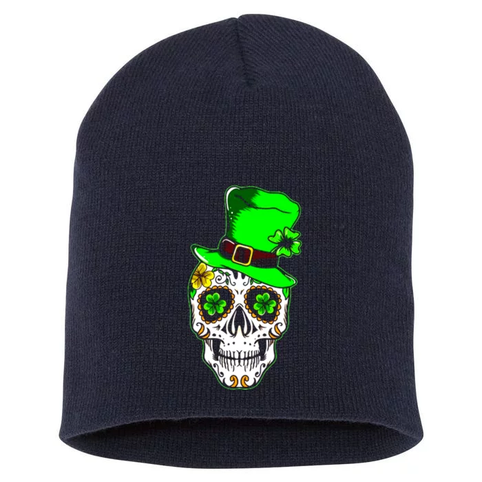 Sugar Irish Clover Skull St Patricks Day Short Acrylic Beanie