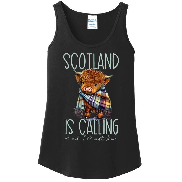 Scotland Is Calling And I Must Go! Highland Cow Ladies Essential Tank