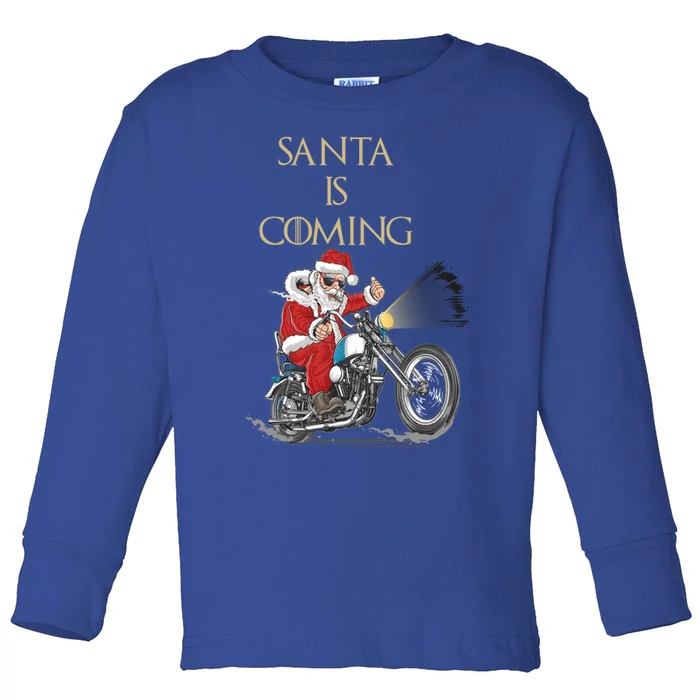 Santa Is Coming Cool Funny Santa Claus On Motorcycle Gift Toddler Long Sleeve Shirt