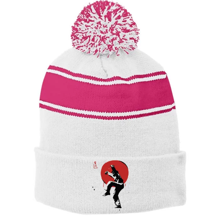 Sumi Ink Crane Kick Stripe Pom Pom Beanie