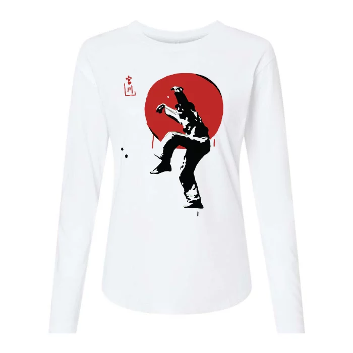 Sumi Ink Crane Kick Womens Cotton Relaxed Long Sleeve T-Shirt