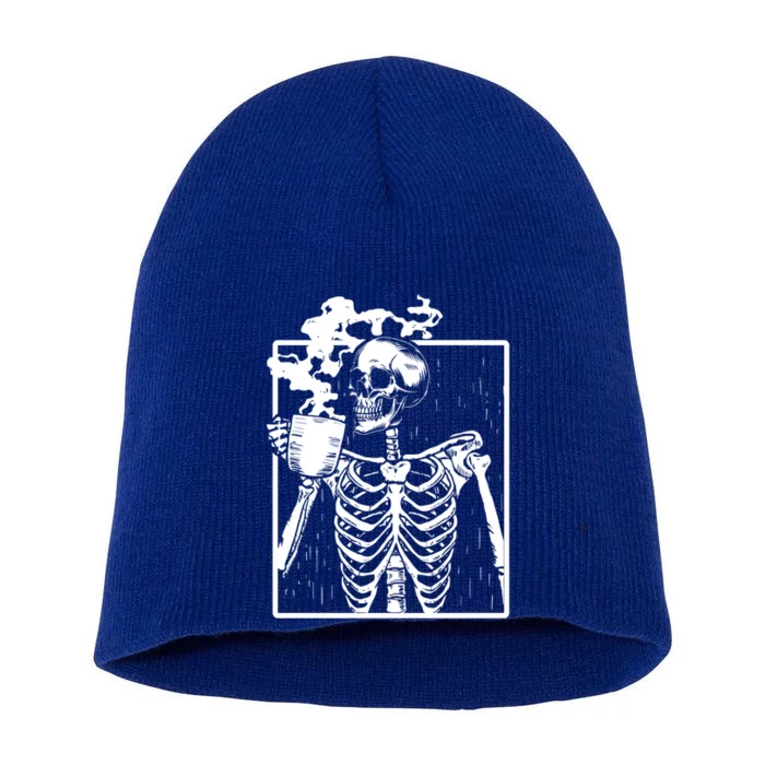 Skeleton Ing Coffee Back Design White Funny Gift Short Acrylic Beanie