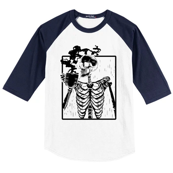 Skeleton Ing Coffee Back Design White Funny Gift Baseball Sleeve Shirt