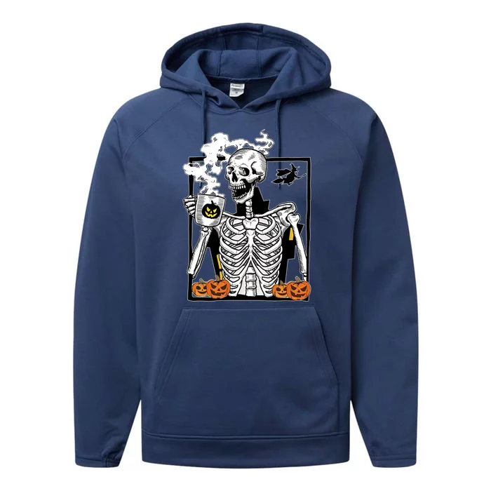 Skeleton Ing Coffee Cups Funny Halloween Skull Lover Gift Performance Fleece Hoodie