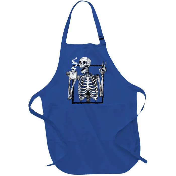 Skeleton Ing Coffee Gothic Peace Sign Halloween Grunge Gift Full-Length Apron With Pocket