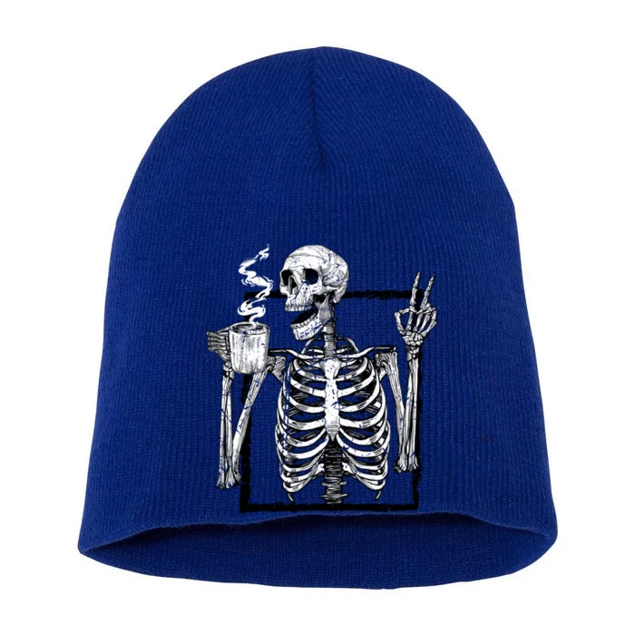 Skeleton Ing Coffee Gothic Peace Sign Halloween Grunge Gift Short Acrylic Beanie