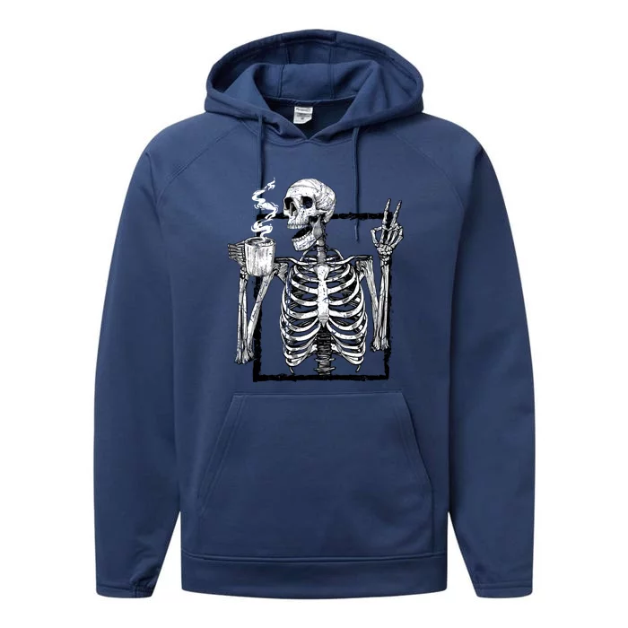 Skeleton Ing Coffee Gothic Peace Sign Halloween Grunge Gift Performance Fleece Hoodie