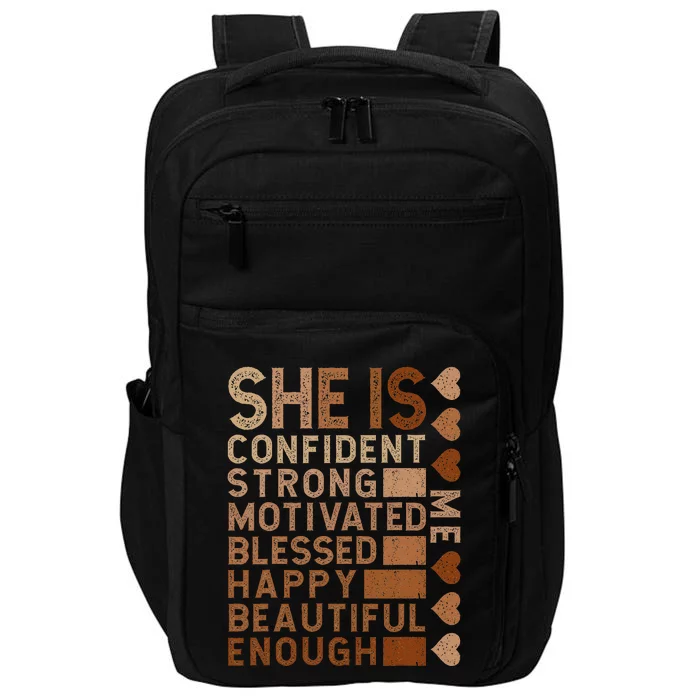 She Is Confident Strong Motivated Happy Beautiful Impact Tech Backpack