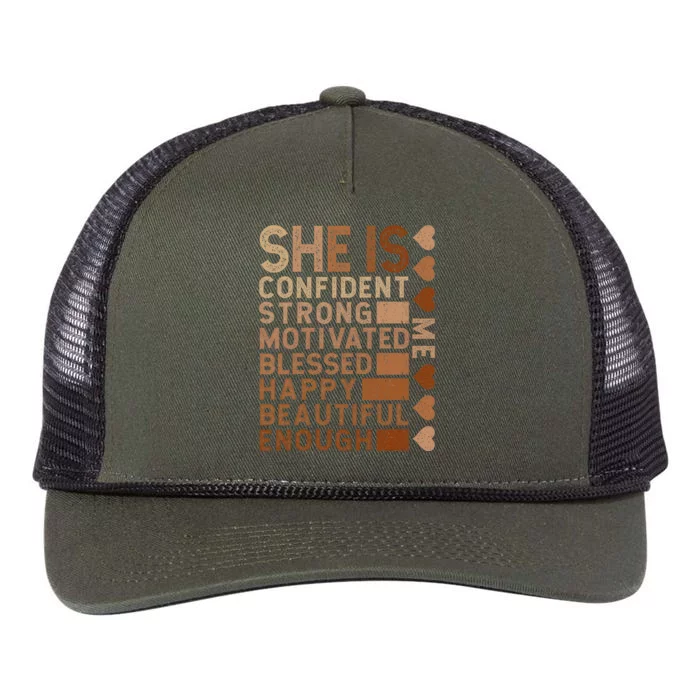 She Is Confident Strong Motivated Happy Beautiful Retro Rope Trucker Hat Cap