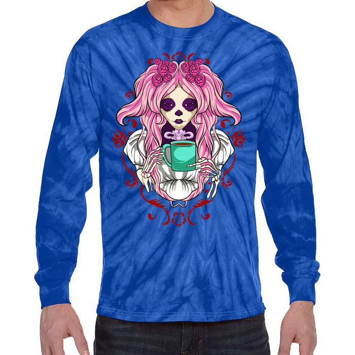 Skeleton Ing Cup Of Coffee Need Morning Coffee Gift Tie-Dye Long Sleeve Shirt