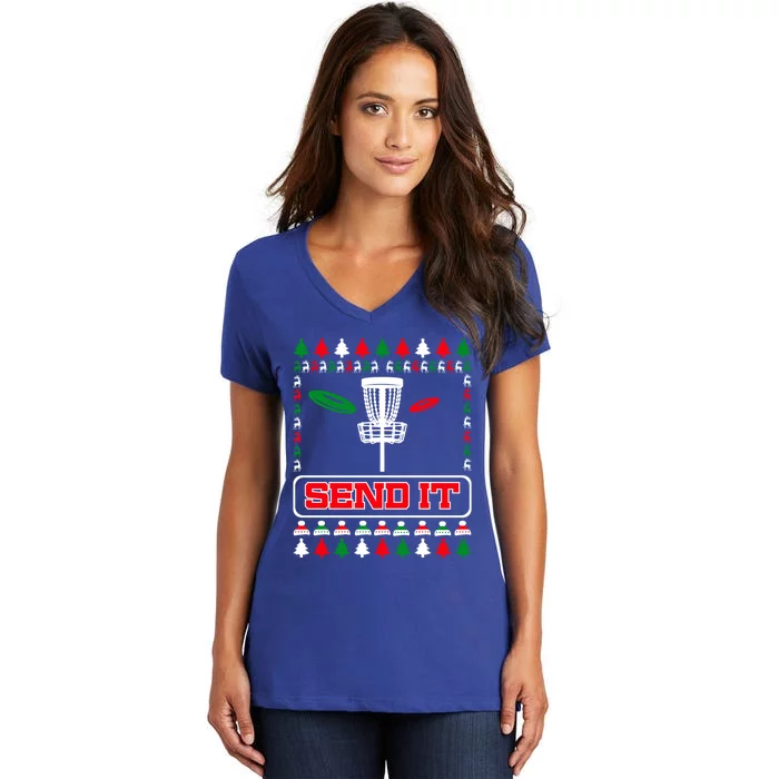 Send It Christmas Disc Golf Xmas Frisbee Golf Basket Chainz Funny Gift Women's V-Neck T-Shirt