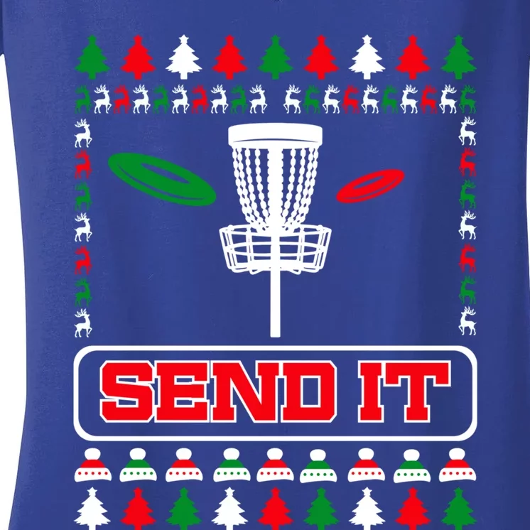 Send It Christmas Disc Golf Xmas Frisbee Golf Basket Chainz Funny Gift Women's V-Neck T-Shirt