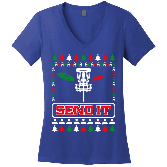 Send It Christmas Disc Golf Xmas Frisbee Golf Basket Chainz Funny Gift Women's V-Neck T-Shirt