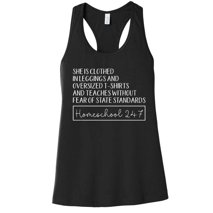 She Is Clothed In Leggings And Oversized S And Teaches Women's Racerback Tank