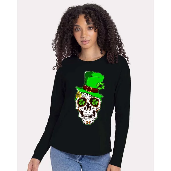 Sugar Irish Clover Skull St Patricks Day Womens Cotton Relaxed Long Sleeve T-Shirt