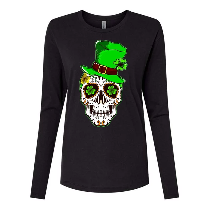 Sugar Irish Clover Skull St Patricks Day Womens Cotton Relaxed Long Sleeve T-Shirt