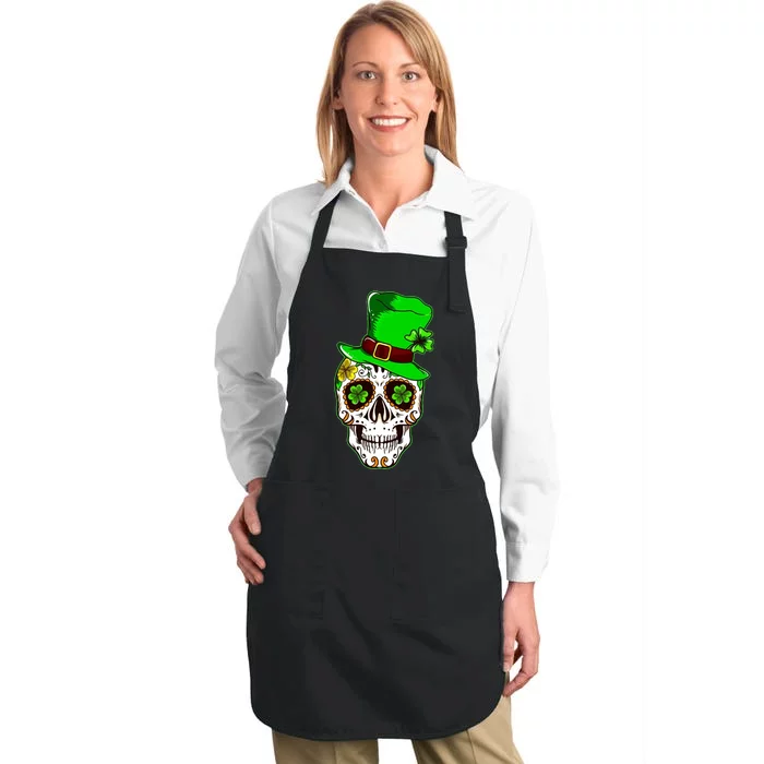 Sugar Irish Clover Skull St Patricks Day Full-Length Apron With Pocket