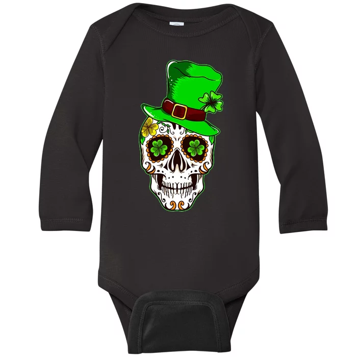 Sugar Irish Clover Skull St Patricks Day Baby Long Sleeve Bodysuit