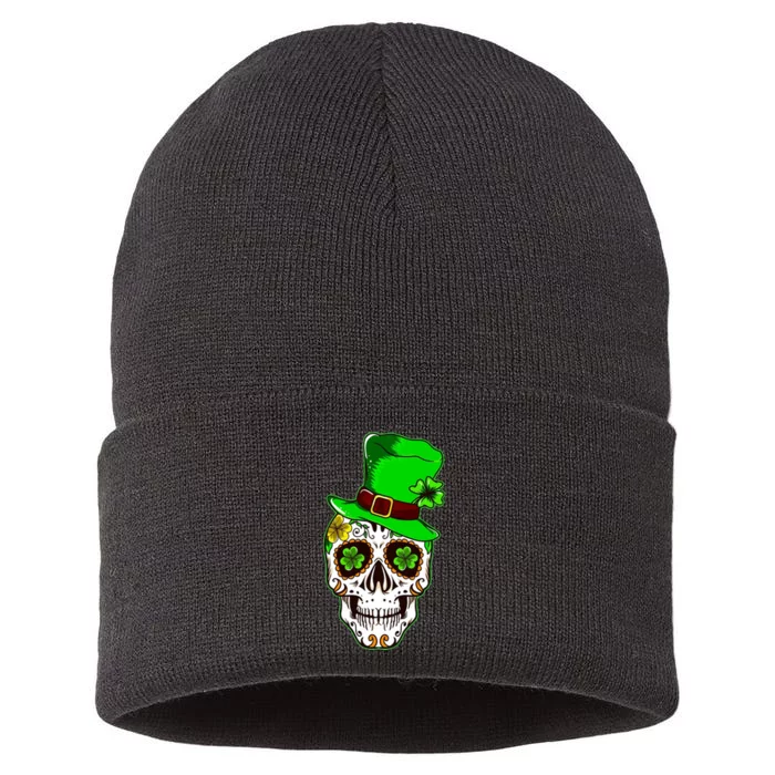 Sugar Irish Clover Skull St Patricks Day Sustainable Knit Beanie