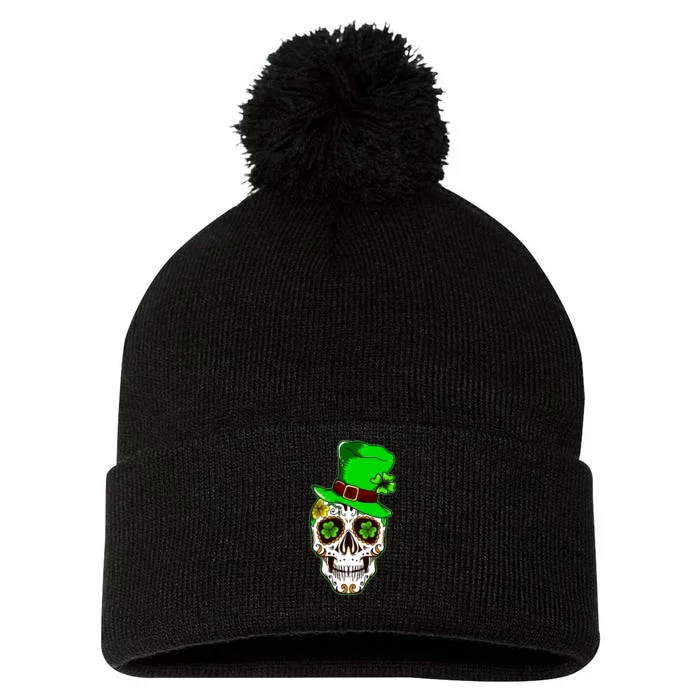 Sugar Irish Clover Skull St Patricks Day Pom Pom 12in Knit Beanie