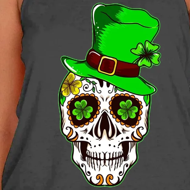 Sugar Irish Clover Skull St Patricks Day Women's Knotted Racerback Tank