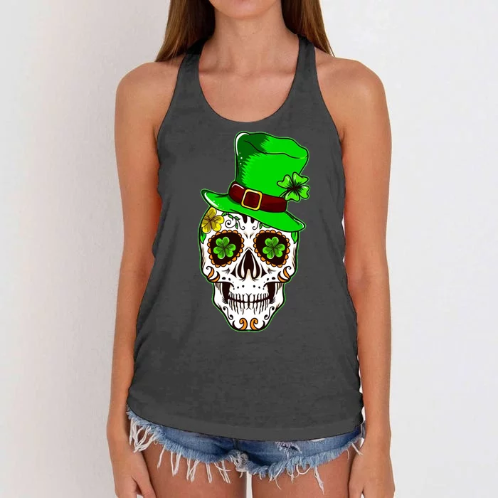 Sugar Irish Clover Skull St Patricks Day Women's Knotted Racerback Tank