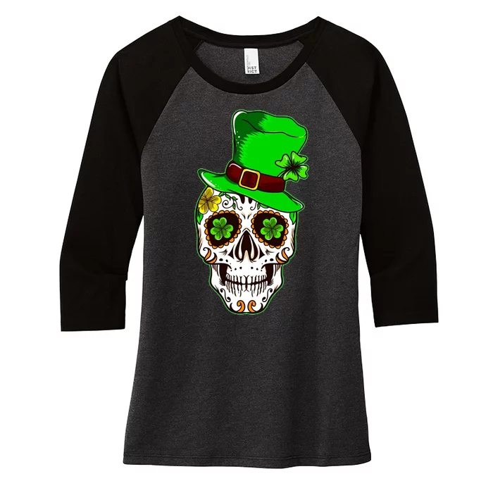 Sugar Irish Clover Skull St Patricks Day Women's Tri-Blend 3/4-Sleeve Raglan Shirt