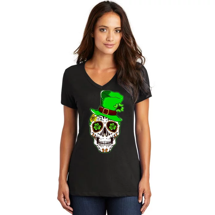 Sugar Irish Clover Skull St Patricks Day Women's V-Neck T-Shirt