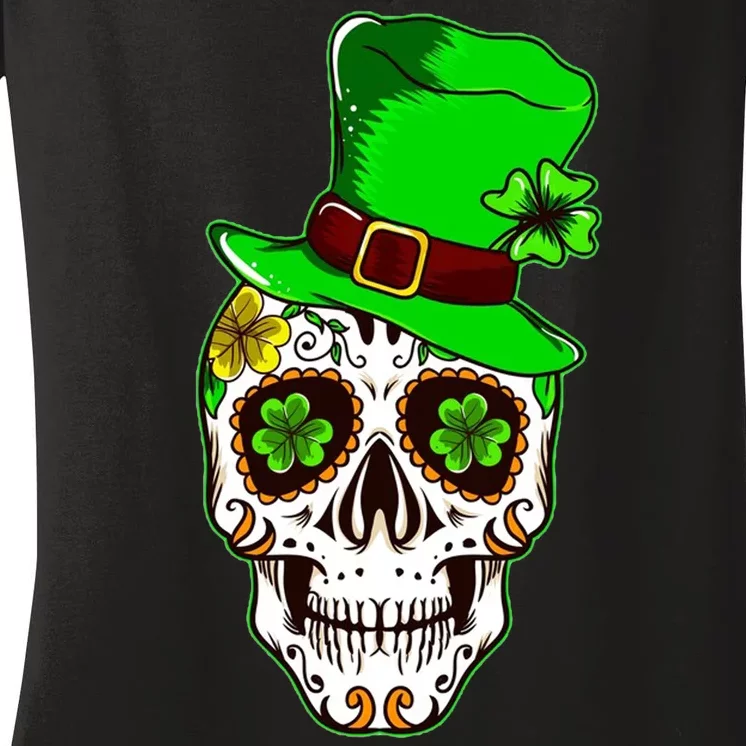 Sugar Irish Clover Skull St Patricks Day Women's V-Neck T-Shirt