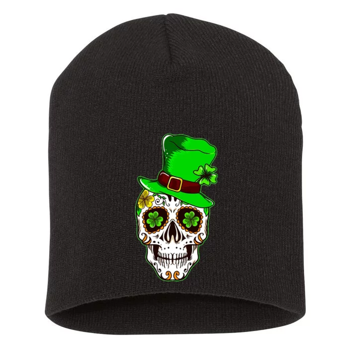 Sugar Irish Clover Skull St Patricks Day Short Acrylic Beanie