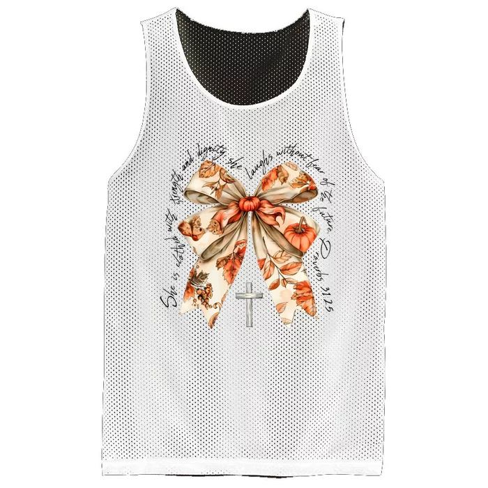 She Is Clothed With Strength Coquette Bow Mesh Reversible Basketball Jersey Tank