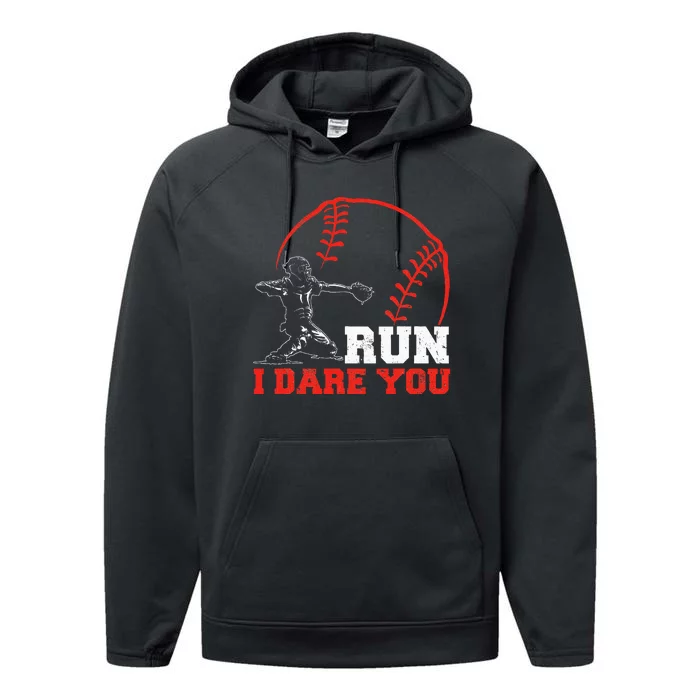 Steal I Dare You Baseball Catcher Baseball Player Performance Fleece Hoodie