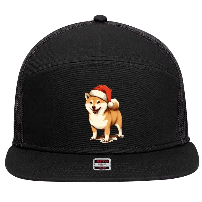 Shiba Inu Dog With Santa Hat Christmas 7 Panel Mesh Trucker Snapback Hat