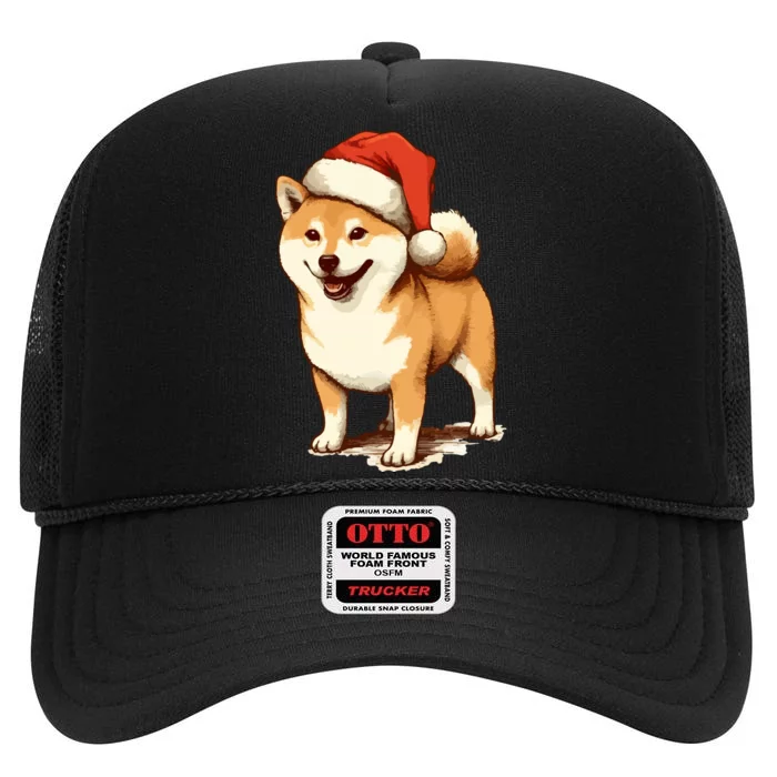 Shiba Inu Dog With Santa Hat Christmas High Crown Mesh Trucker Hat