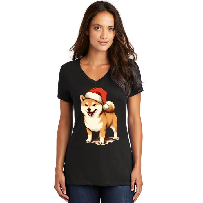 Shiba Inu Dog With Santa Hat Christmas Women's V-Neck T-Shirt