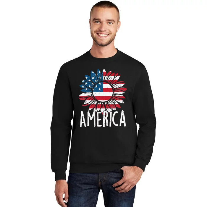 Sunflower Independence Day USA American Flag 4th of July Tall Sweatshirt