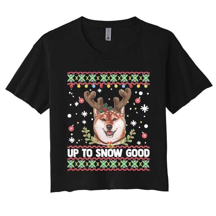 Shiba Inu Dog Reindeer Ugly Christmas Sweater Women's Crop Top Tee