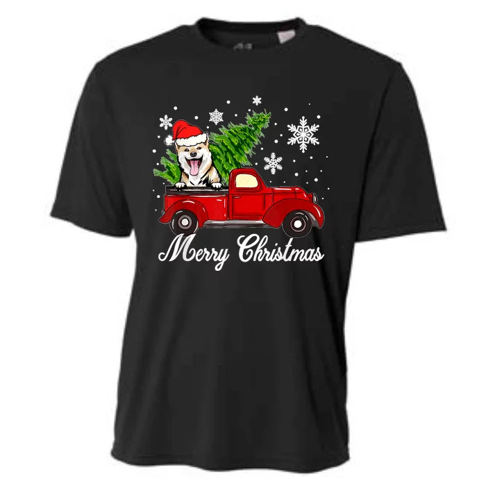 Shiba Inu Dog Riding Red Truck Christmas Decorations Pajama Cooling Performance Crew T-Shirt