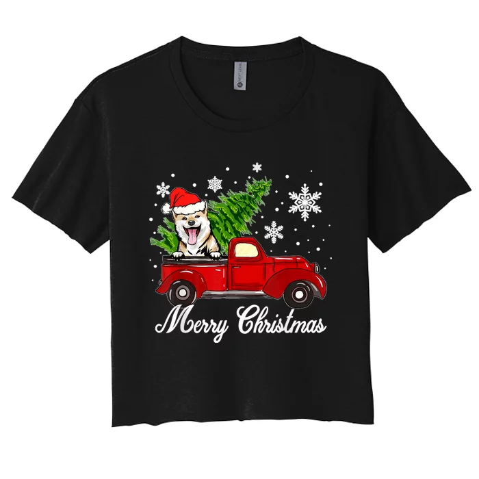 Shiba Inu Dog Riding Red Truck Christmas Decorations Pajama Women's Crop Top Tee