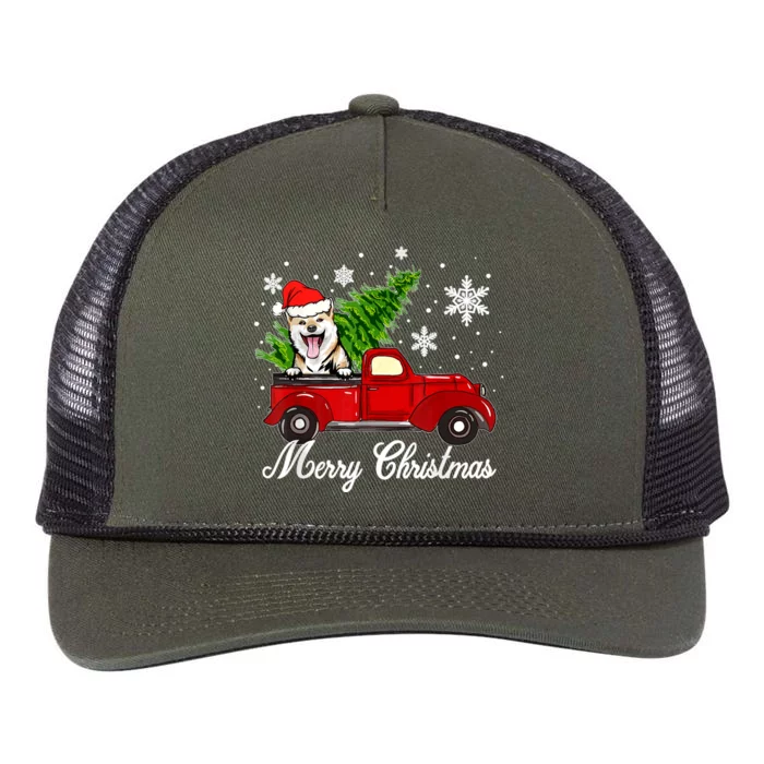 Shiba Inu Dog Riding Red Truck Christmas Decorations Pajama Retro Rope Trucker Hat Cap