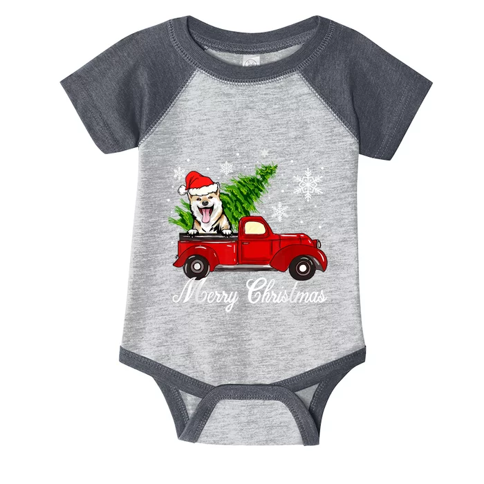 Shiba Inu Dog Riding Red Truck Christmas Decorations Pajama Infant Baby Jersey Bodysuit