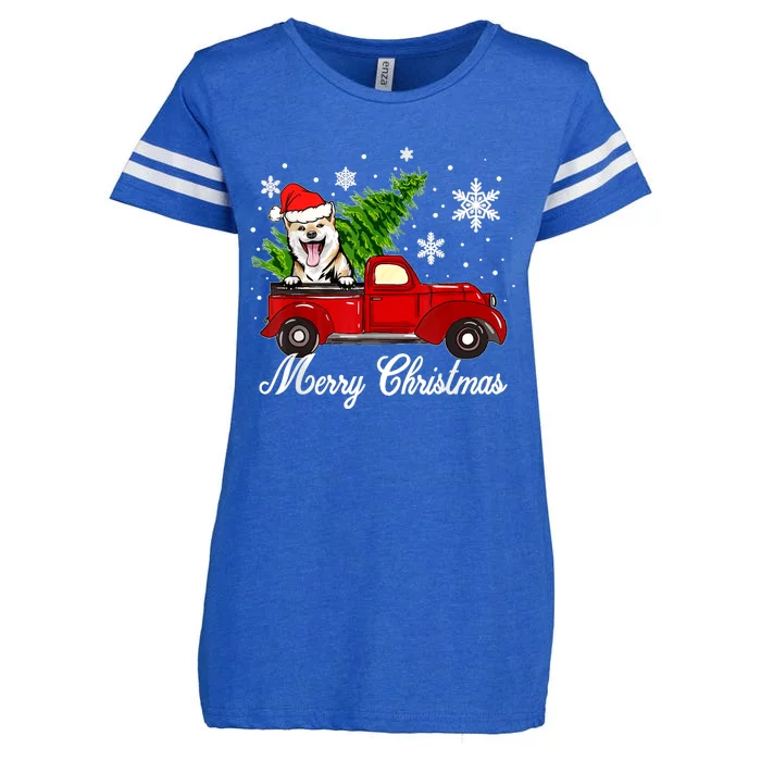 Shiba Inu Dog Riding Red Truck Christmas Decorations Pajama Enza Ladies Jersey Football T-Shirt