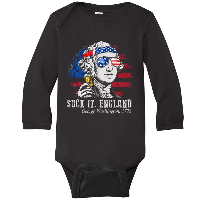 Suck It England Funny 4th of July George Washington 1776 Baby Long Sleeve Bodysuit