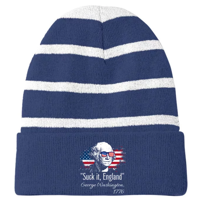 SUCK IT ENGLAND Funny 4th Of July George Washington 1776 Striped Beanie with Solid Band