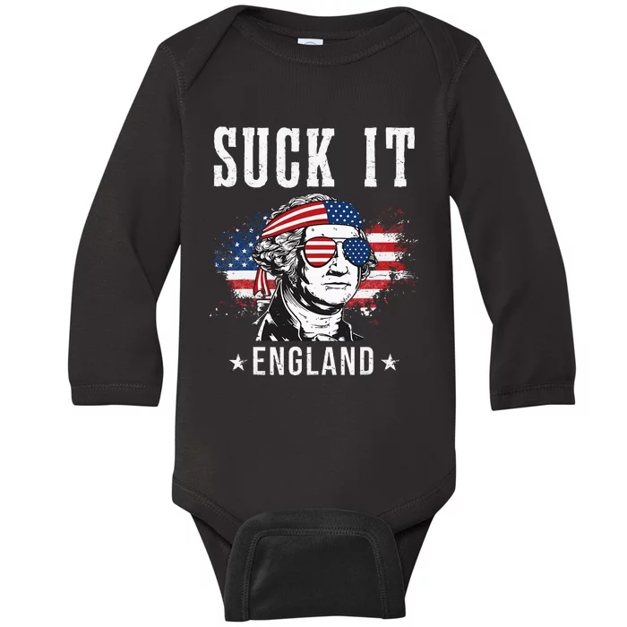 Suck It England Funny 4th Of July George Washington Funny Baby Long Sleeve Bodysuit