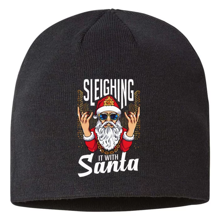 Sleighin It Funny Christmas Pun Sleighing Santa 8 1/2in Sustainable Knit Beanie