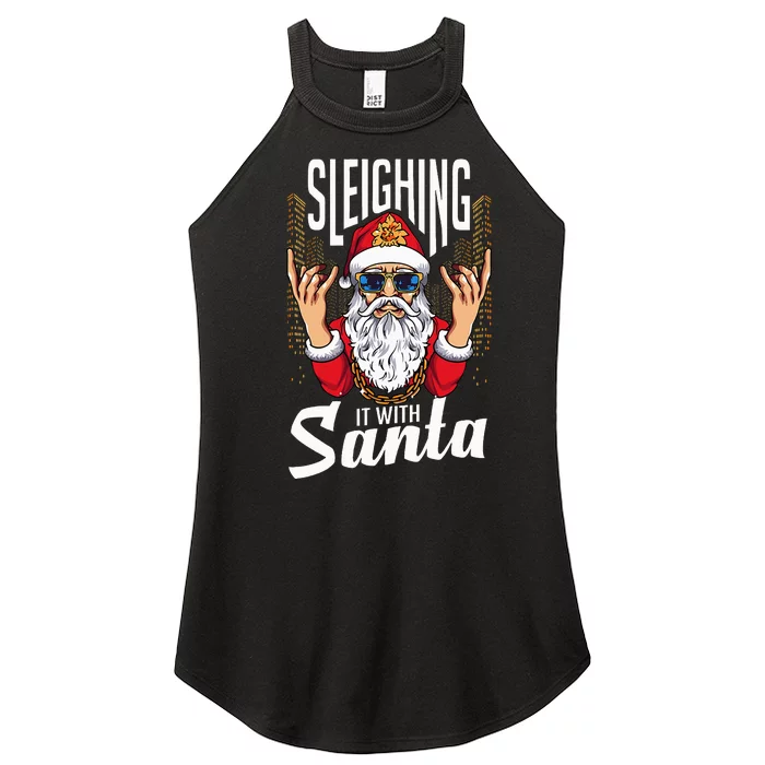 Sleighin It Funny Christmas Pun Sleighing Santa Women’s Perfect Tri Rocker Tank